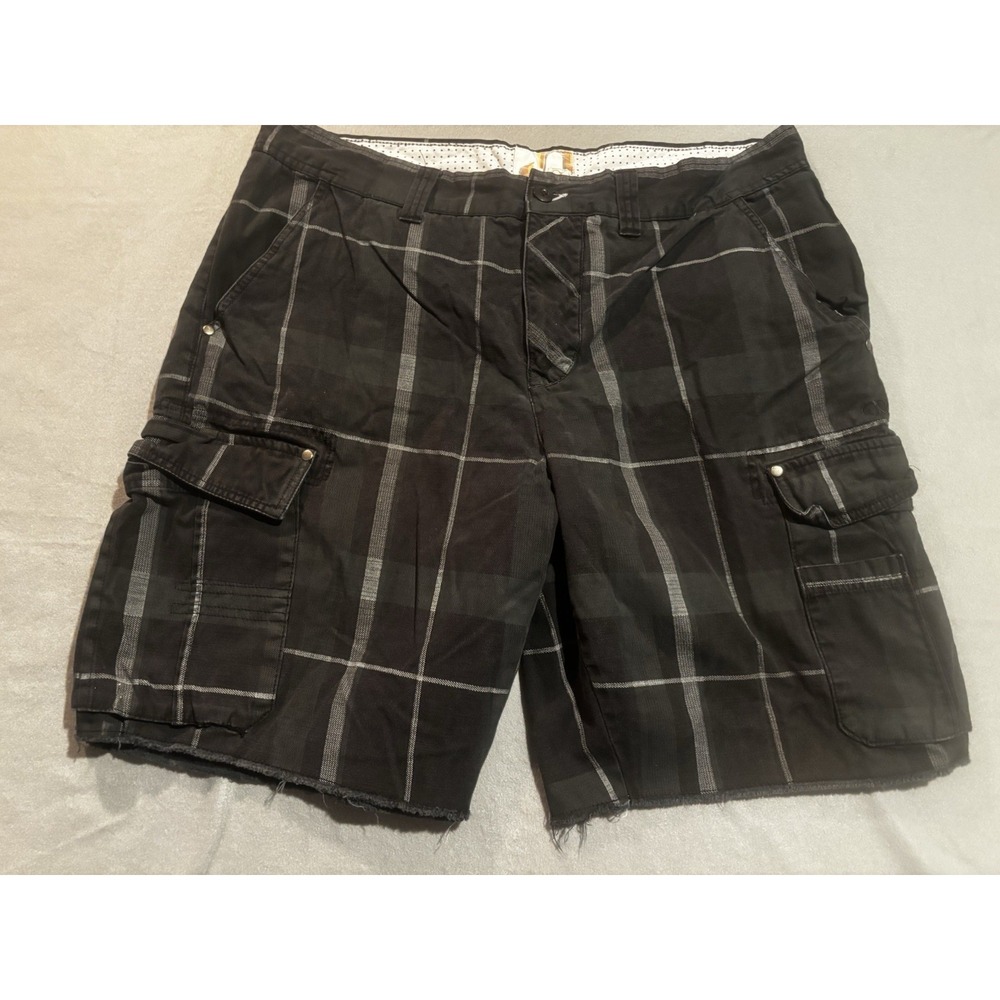 OP Ocean Pacific Shorts Men's 40 Plaid Pockets Black Raw Hem 100% Cotton